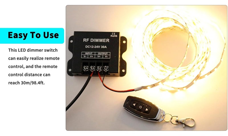 Lelukee 12V LED Dimmer,RF Wireless Remote,DC 12-24V 30A Strip Dimmer,with Dimmable Slide Remote Control,Control Remotely,Suitable for LED Dimmable Lights or Light Ribbon(Type A) - Image 4